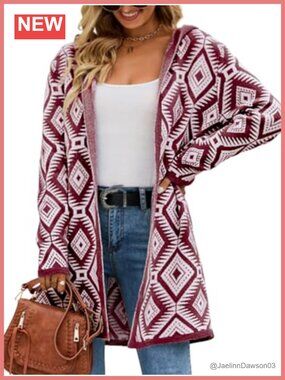 Aztec Hooded Open Front Long Cardigan Boho Western Knit Sweater Coat